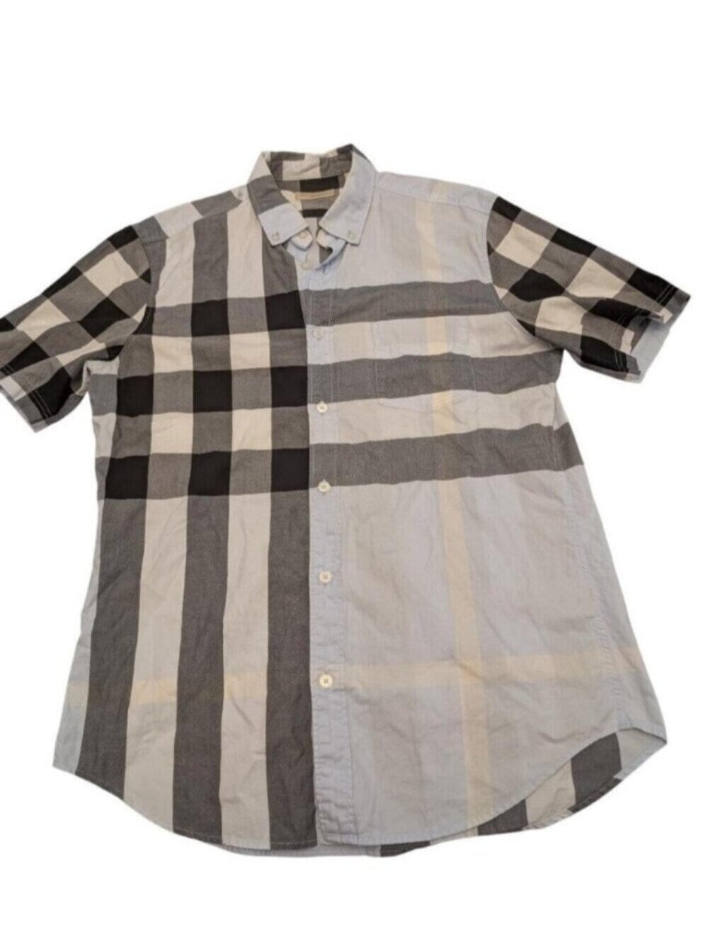 Burberry Men's Short Sleeve Button-Down Shirt in Black, Gray, White Plaid